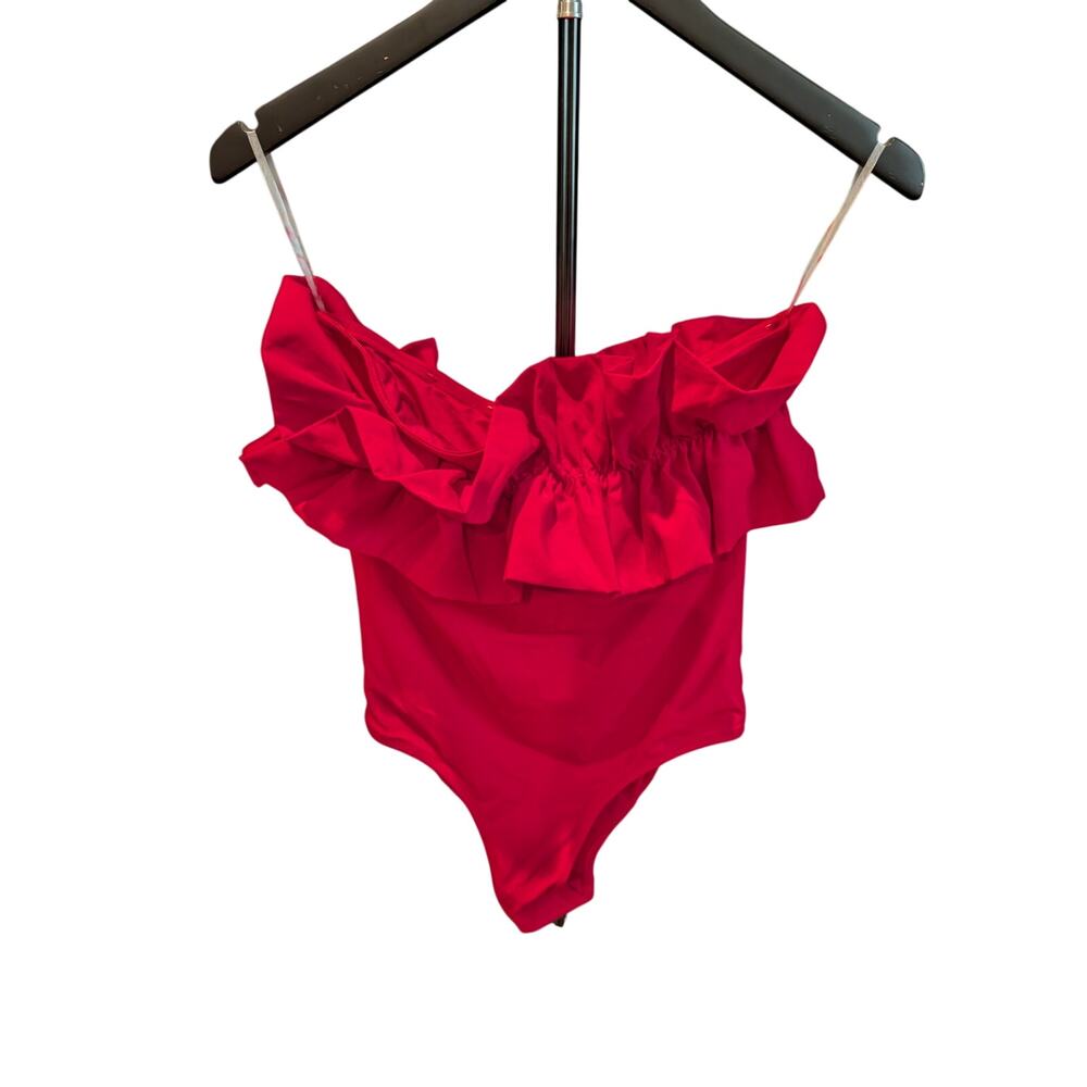 Zara NWT Red Ruffle One Piece Swimsuit Size M Asymmetrical Swimwear